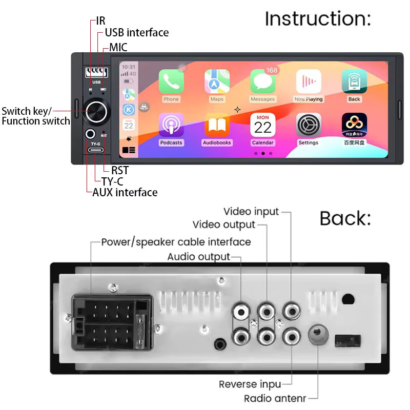 RSNAVI Universal 1 Din Autoradio MP5-Player mit 6,86 Zoll Display, Wireless Carplay, Android Auto, Bluetooth, USB-C und SWC, Schwarz - Bild 2