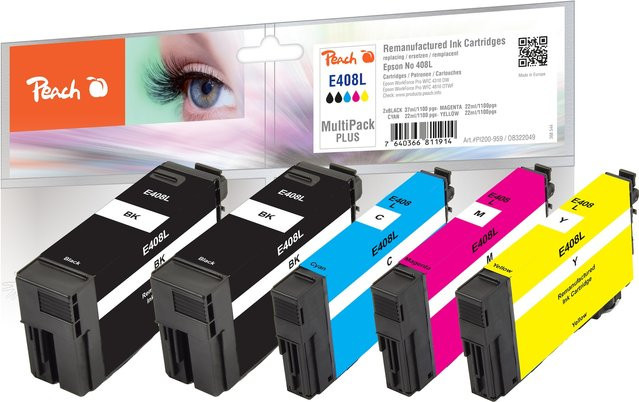 Peach E408 L 5 Druckerpatronen XL Set (2x Schwarz, Cyan, Magenta, Gelb) ersetzt Epson No. 408L für Epson WorkForce Pro WFC 4310 DW und WFC 4810 DTWF (wiederaufbereitet) - Bild 1