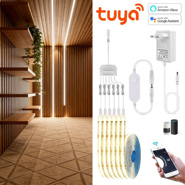 Lcamaw Tuya Smart WiFi FCOB LED-Streifen DC12V in Warmweiß mit Sprachsteuerung für Schrank- und Bücherregal-Hintergrundbeleuchtung sowie TV-Hintergrundbeleuchtung - Bild 1