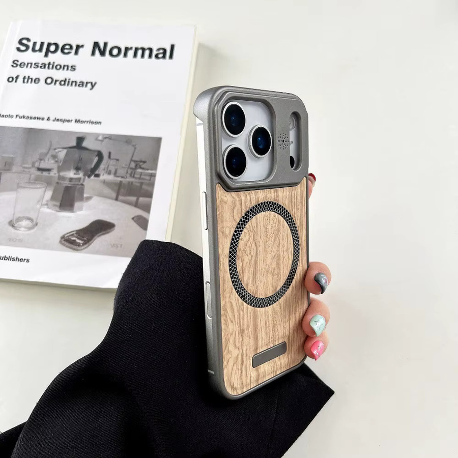 Huyangmu Leder-Handyhülle mit Holzmaserung und magnetischer Absaugung passend für Apple iPhone 17, 16, 15, 14, 13, 12 Pro Max in Metallfarbe - Bild 4
