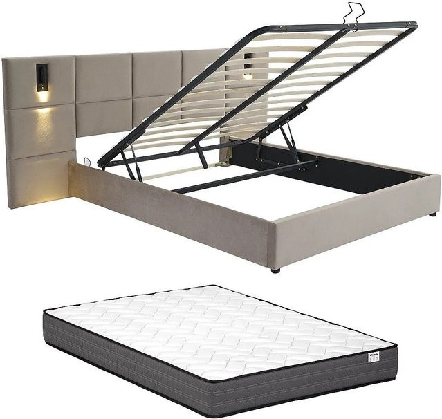 Vente-unique Bett Sareto mit Bettkasten in Taupe und Beige, gepolstert mit Samt und integrierter Leselampe, B/T: 160 x 200 cm - Bild 1