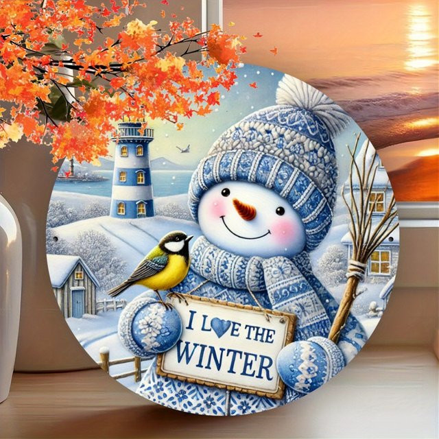 Potdemiel Winter-Schneemann Wanddekoration aus Eisen in Blau mit I Love the Winter Schriftzug, B/H: 20,32 x 20,32 cm - Bild 1