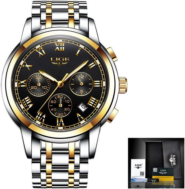 LIGE Chronograph, Quarz, Edelstahl, Gold/Schwarz, Herren, 42 mm - Bild 1