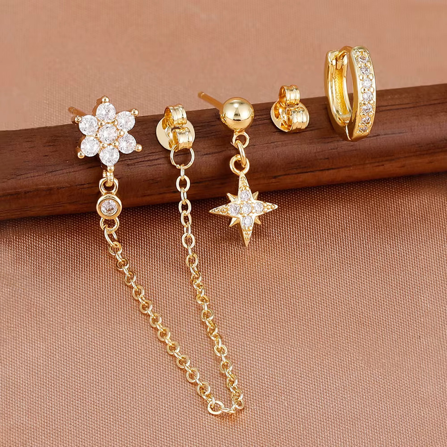 Yuedane 3er-Set Ohrstecker, Zirkon-Blumen, vergoldet, Damen - Bild 2