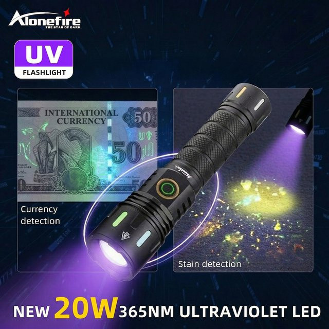 Alonefire LED UV-Taschenlampe mit Zoom 365nm Schwarzlicht, USB wiederaufladbar, Farbe: Schwarz - Bild 1