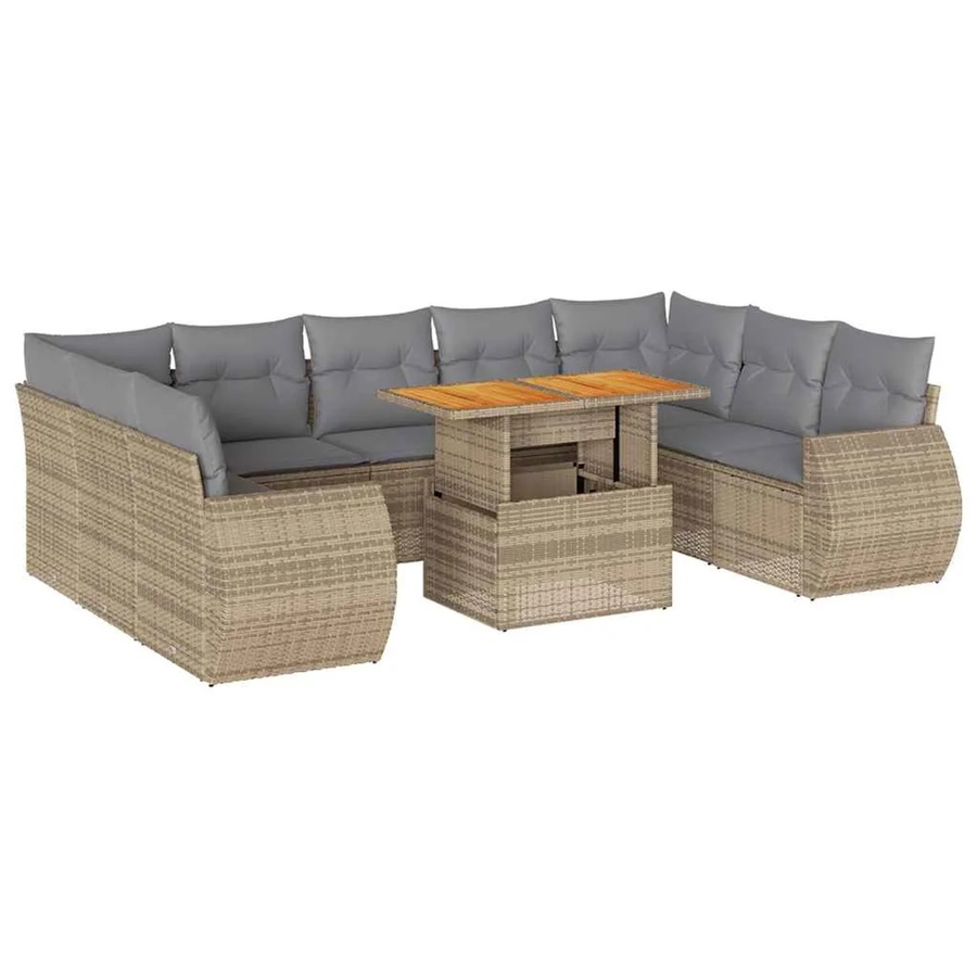 vidaXL 10-tlg. Garten-Sofagarnitur in L-Form aus Poly-Rattan und Akazienholz mit Kissen in Beige-Grau - Bild 2