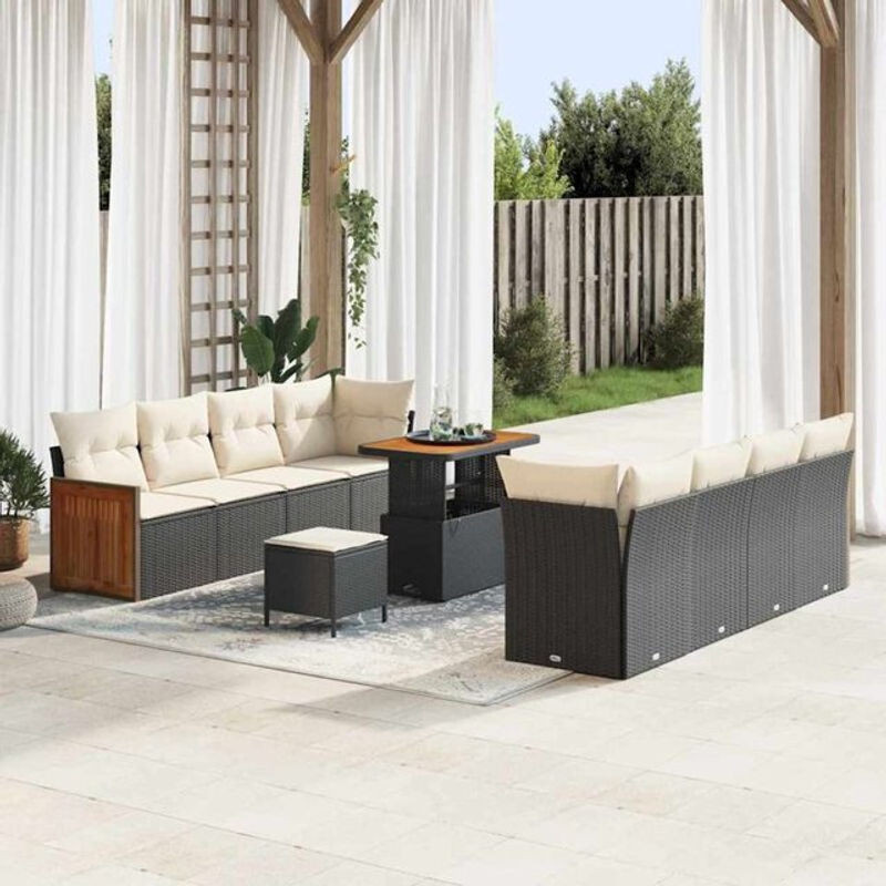 Vidaxl Garten-Sofa-Set aus Polyrattan und Akazie, 11-teiliges Loungemöbel-Set in Schwarz und Creme, B/T/H: 90 x 55 x 71 cm - Bild 1