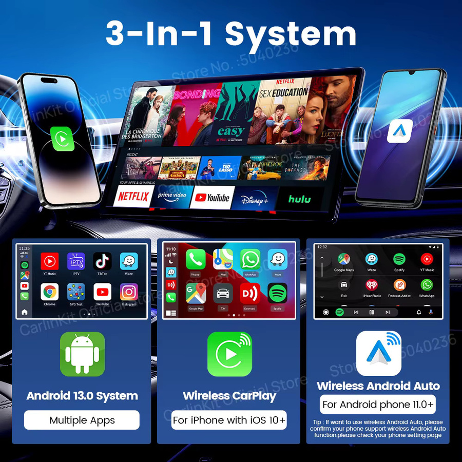 CarlinKit 3 In 1 Android 13 TV Box mit Qualcomm 8-Core, 4G LTE, GPS und Netflix, Drahtloser CarPlay und Android Auto Adapter in Schwarz - Bild 2