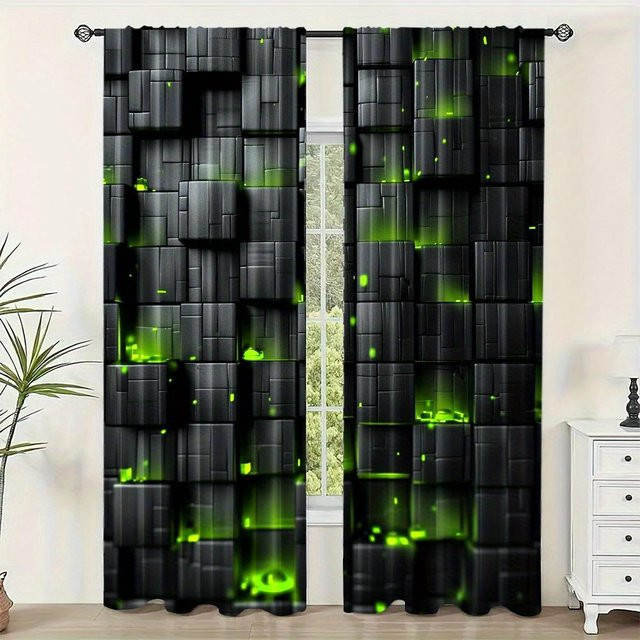 2er-Set digital bedruckte Vorhänge mit geometrischem Muster in Schwarz, halbtransparent aus Polyester, Breite: 135 cm, Höhe: 185 cm - Bild 1