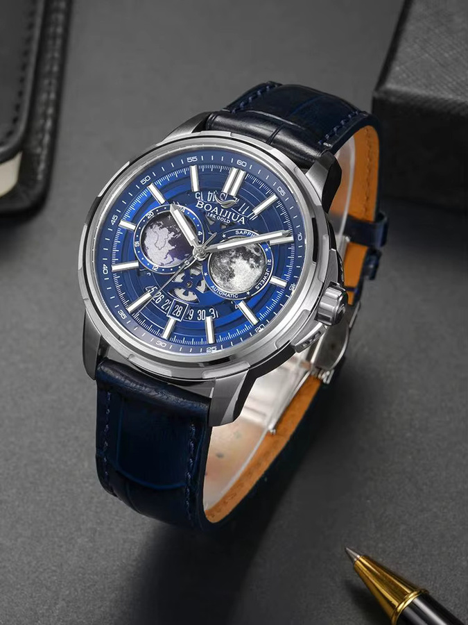 BORIAGE Armbanduhr Automatik, Edelstahl, Leder, Schwarz, Herren - Bild 4