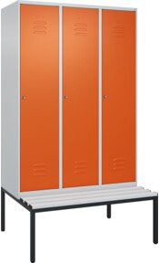 C+P Spind Classic PLUS Sitzbank mit 3 Abteilen, Lichtgrau, B/T/H: 212 x 120 x 81,5 cm, mit Zylinderschloss und 4 Garderobenhaken - Bild 1
