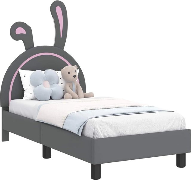 vidaXL Kinderbettgestell mit Kopfteil und Seitenfächern in Grau, B/H: 70 x 140 cm - Bild 1