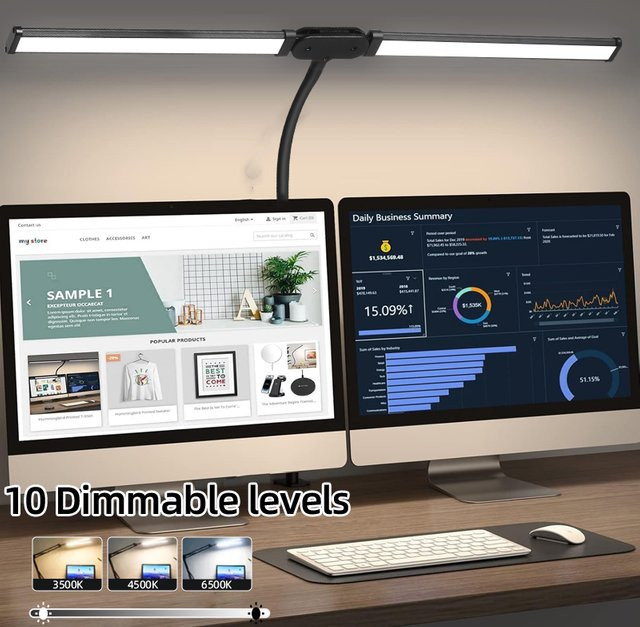CANMEIJIA Doppelkopf-LED-Schreibtischlampe in Schwarz, stufenlos dimmbar per Touch, USB-Tischlampe für Büro und Studium - Bild 1