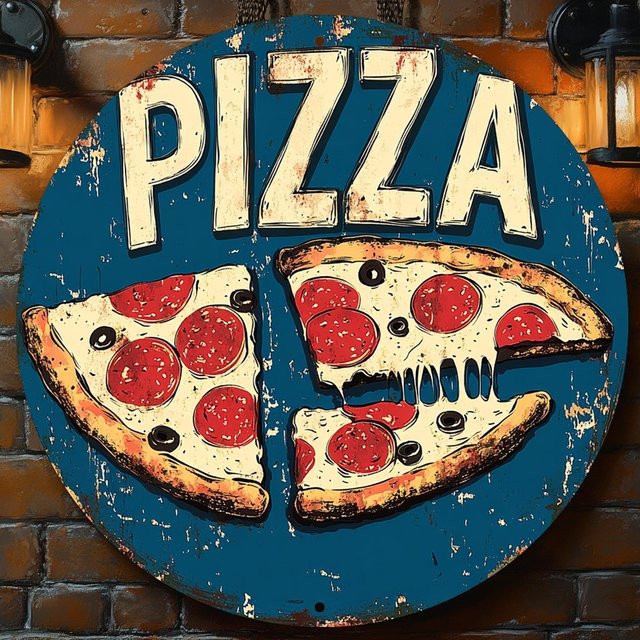 HELLOYOUNG Vintage Metallschild Pizza Wandkunst rund in Blau Durchmesser: 20 cm - Bild 1