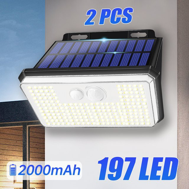 AMARYLLIS 2er Set Solar-Gartenleuchten mit 197 LEDs, IP67 wasserdichte Außenwandleuchten mit Bewegungsmelder, Schwarz - Bild 1