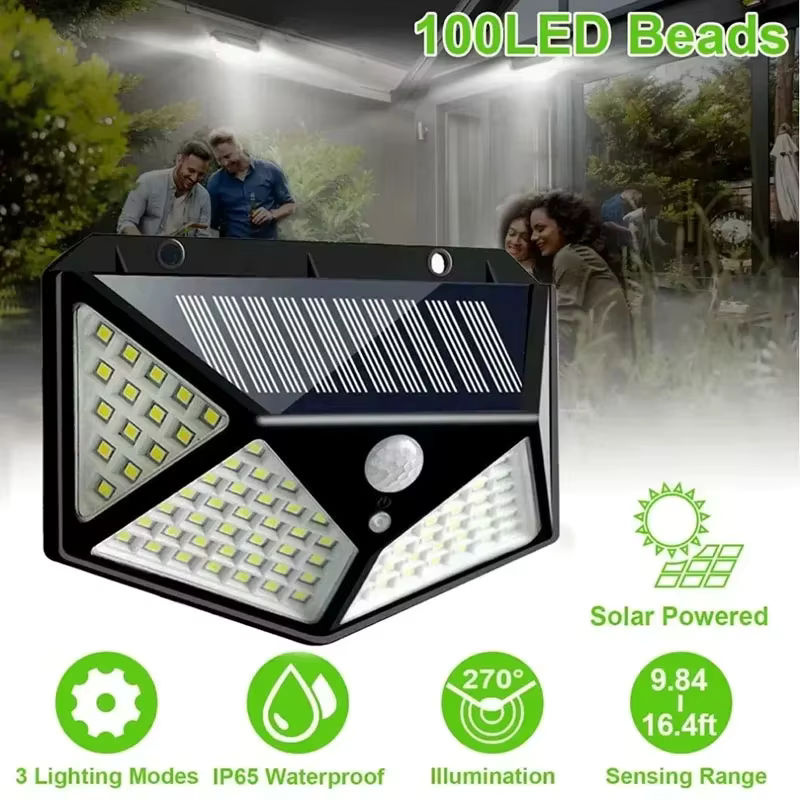 KDULIT Solar-LED-Wandleuchte mit 100 LEDs und Bewegungsmelder, wasserdichte Sicherheitsleuchte für Garten und Außenbereich, Schwarz - Bild 5