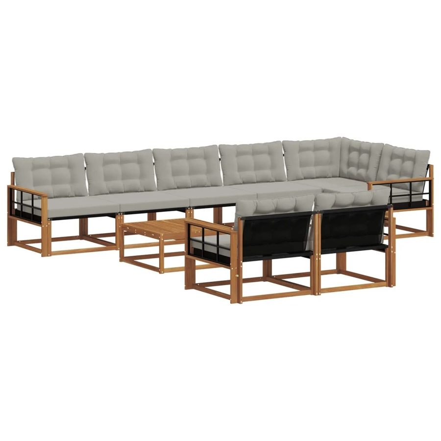 vidaXL Outdoor-Sofagarnitur 9-teilig in U-Form aus massivem Akazienholz mit Textilene und Kissen, Beige und Grau - Bild 2
