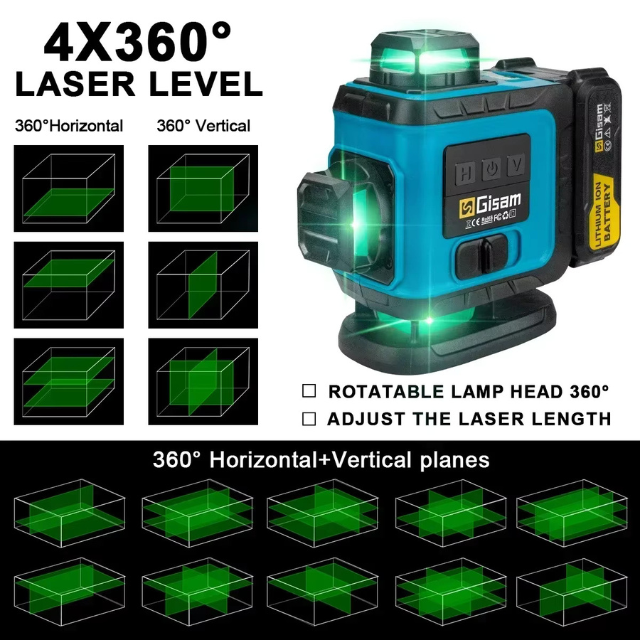 Gisam 16-Linien 4D Laser-Wasserwaage mit Stativ, selbstnivellierend, 360 Grad horizontal und vertikal, grüner Laser - Bild 4