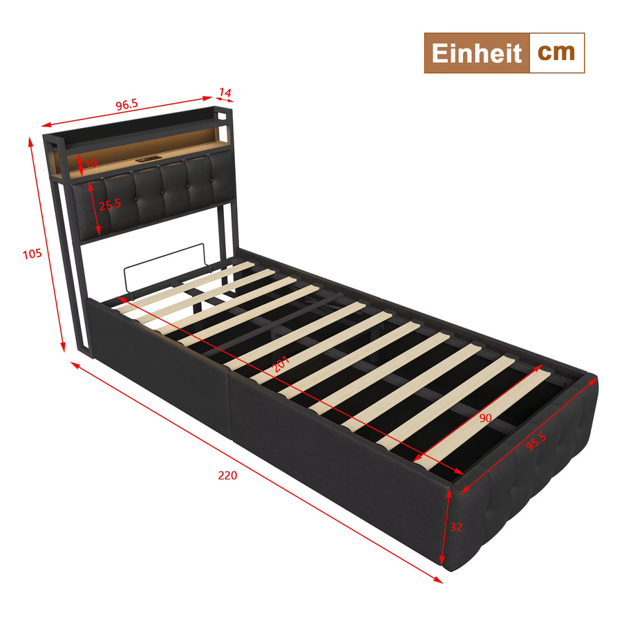 Anajqaqia Polsterbett mit hydraulischem Stauraum und Kopfteil mit Regal, Einzelbett in Schwarz, B/T: 90 x 200 cm - Bild 2