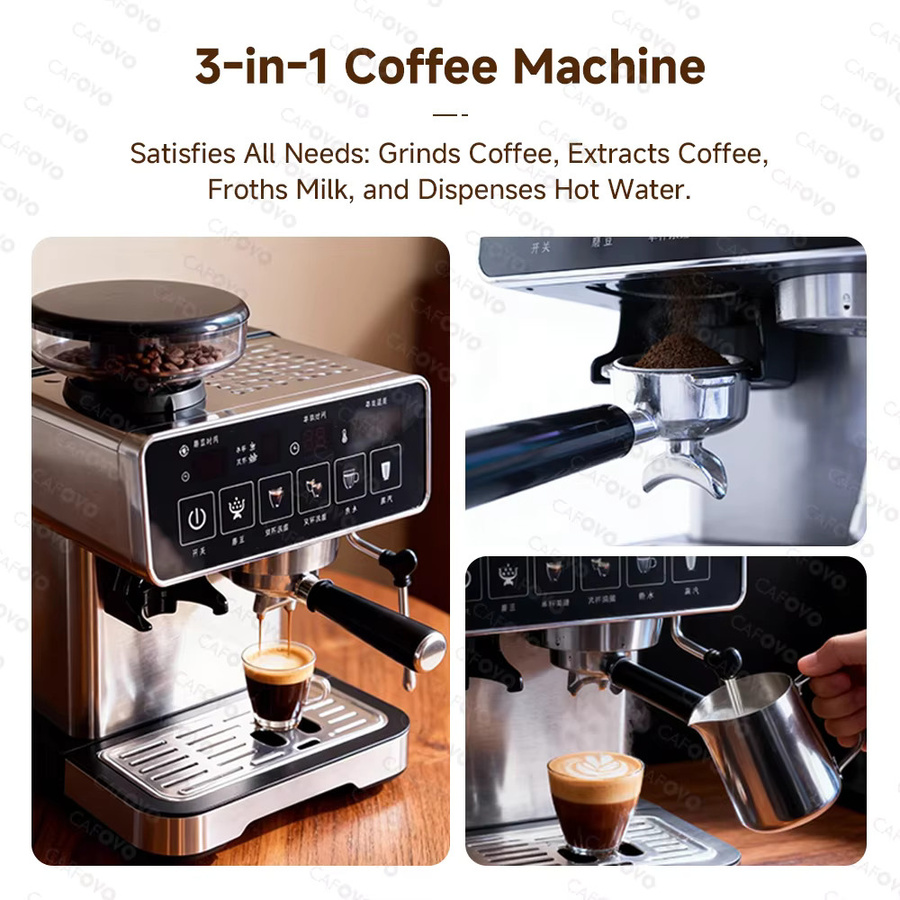 CAFOVO E136 3-in-1 Espressomaschine mit integrierter Mühle und Dampfstab, 20 Bar, PID-Temperaturregelung, Edelstahl, Silber - Bild 4