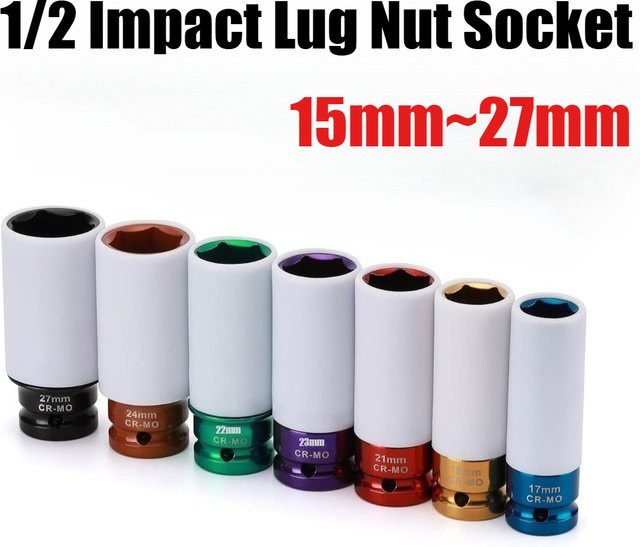 Radmuttern-Schlagschlüsselsatz mit 1/2 Zoll Antrieb, dünnwandige tiefe Radmutternschlüssel mit Radmutternschutz, 6-kant, metrisch 15mm-27mm, Multicolor - Bild 1