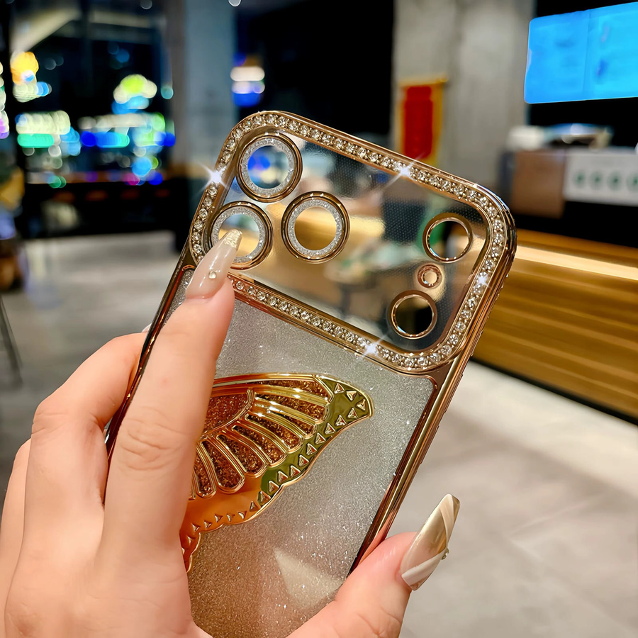 ZHUOHUAN Diamant-Schmetterlings-Handyhülle für iPhone 11 bis 17 Pro Max Plus in Blau mit Glitzer-Rückseite und Galvanisierung - Bild 4