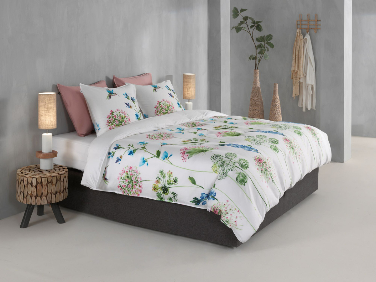 Zo! Home Mako-Satin Bettwäsche Set aus Baumwolle mit floralem Vogel- und Blumenmuster in Rosa, Grün, Blau und Weiß, B/H: 155 x 220 cm mit Kissenbezug 80 x 80 cm - Bild 1