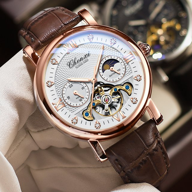 CHENXI Armbanduhr, Automatik, Tourbillon, Mondphase, Leder, Herren - Bild 1