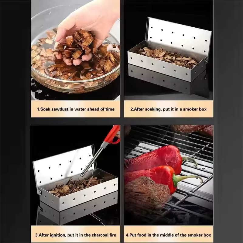Edelstahl Räucherbox in Silber mit Holzspänen für Gasgrills und Grillzubehör - Bild 5