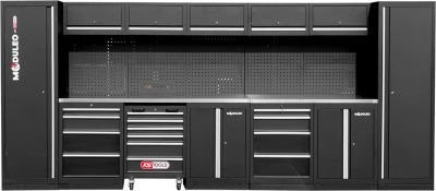 KS Tools Werkstattschrank-System freistehend in Schwarz mit Edelstahlplatte, LED-Unterbauleuchten, Steckdosen und USB-Anschlüssen, inklusive Werkstattwagen, XXL- und Hängeschränken, Breite: 460 cm - Bild 1