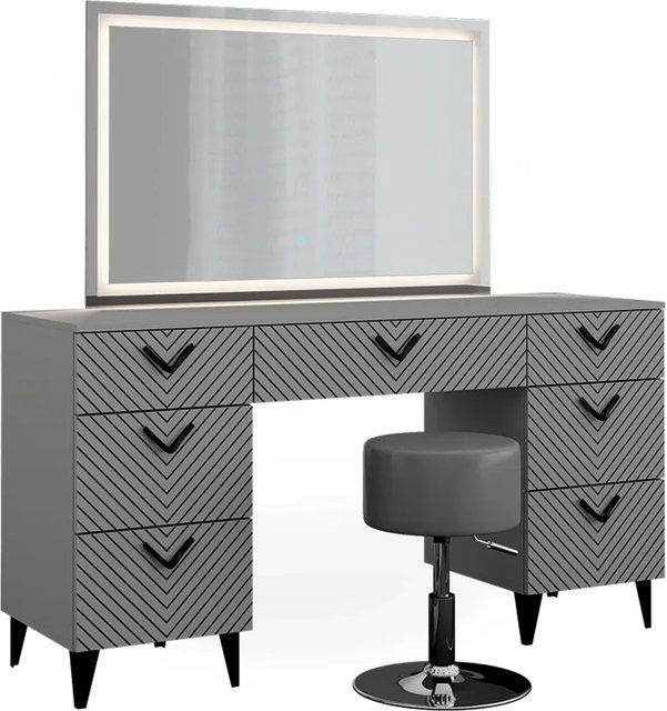 Vicco Schminktisch Anett Grau mit LED-Spiegel, Hocker und 7 Schubladen, B: 150 cm, T: 78 cm - Bild 2
