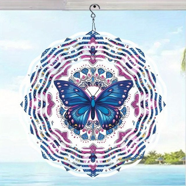 HELLOYOUNG Blauer Schmetterling Mandala 3D Metall-Windspinner in Lila als kinetische Gartenkunst zur hängenden Dekoration für Outdoor, Garten und Terrasse - Bild 1
