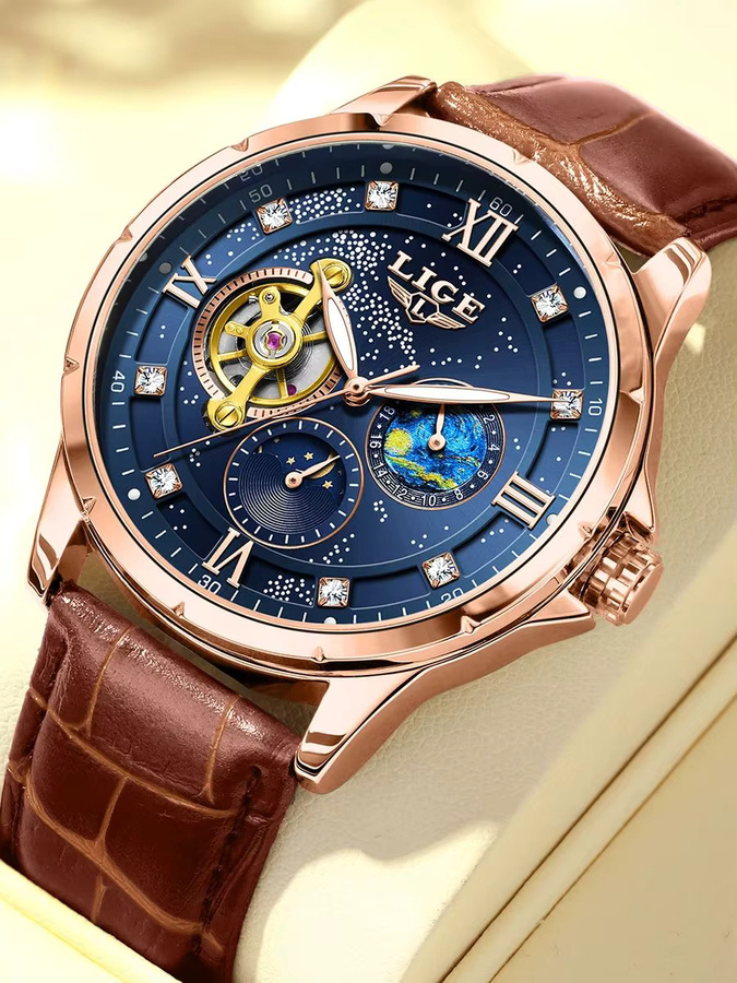 LIGE Herrenuhr, Automatik, Analoguhr, Blau, Roségold, Leder, Zirkonia - Bild 7
