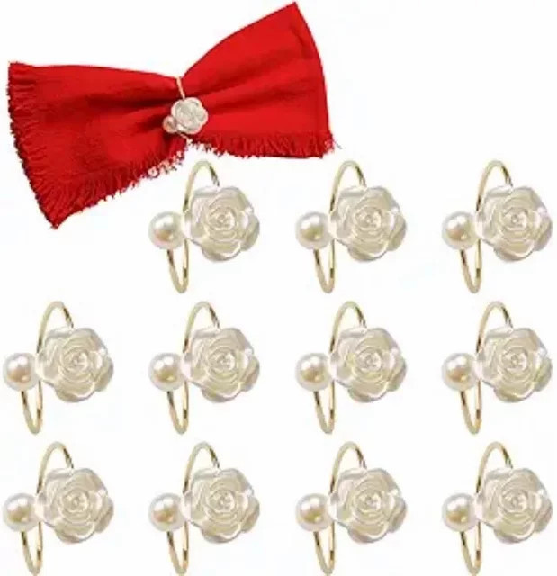 96 Stück Serviettenringe in Perlen-Optik mit Rosenmuster, weiß, rund für Hochzeit und Valentinstag - Bild 1
