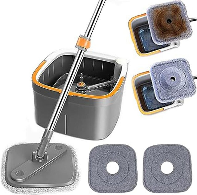 Aimo Self-Wash Spin Mop Set mit Eimer und 2 grauen Mikrofaser-Mop-Pads für Hartholz, Laminat und Fliesen - Bild 1