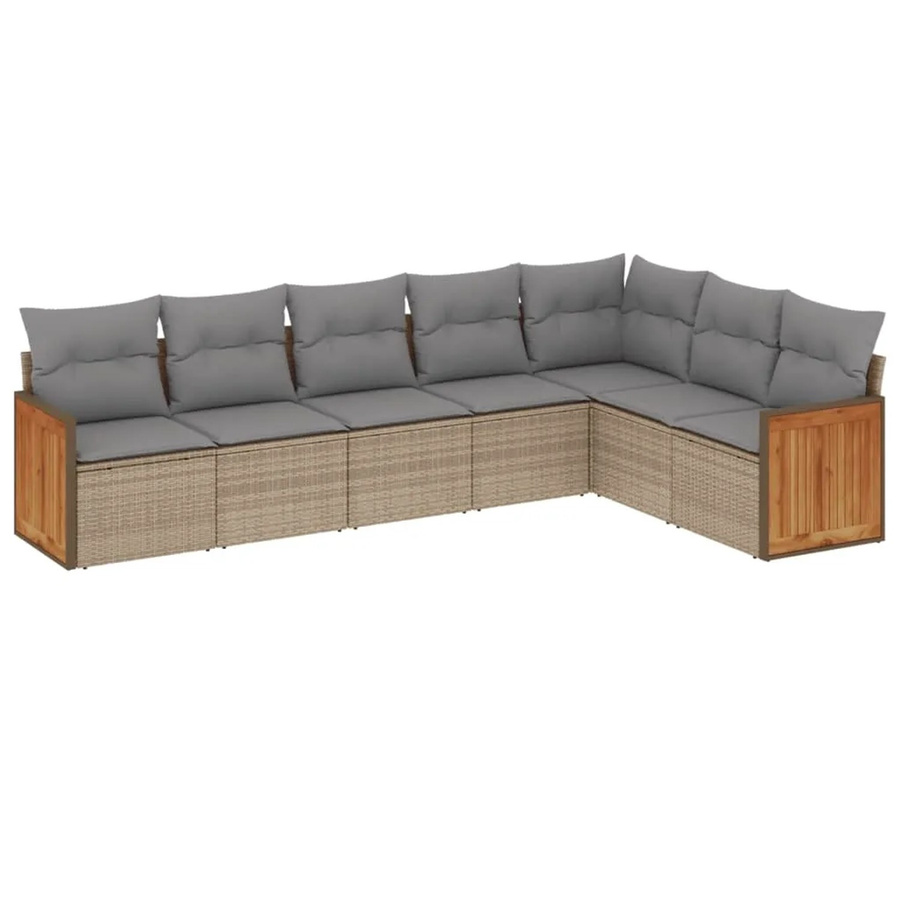 vidaXL 7-teilige Garten-Sofagarnitur in L-Form aus Poly-Rattan und Akazienholz mit Kissen in Beige-Grau - Bild 2