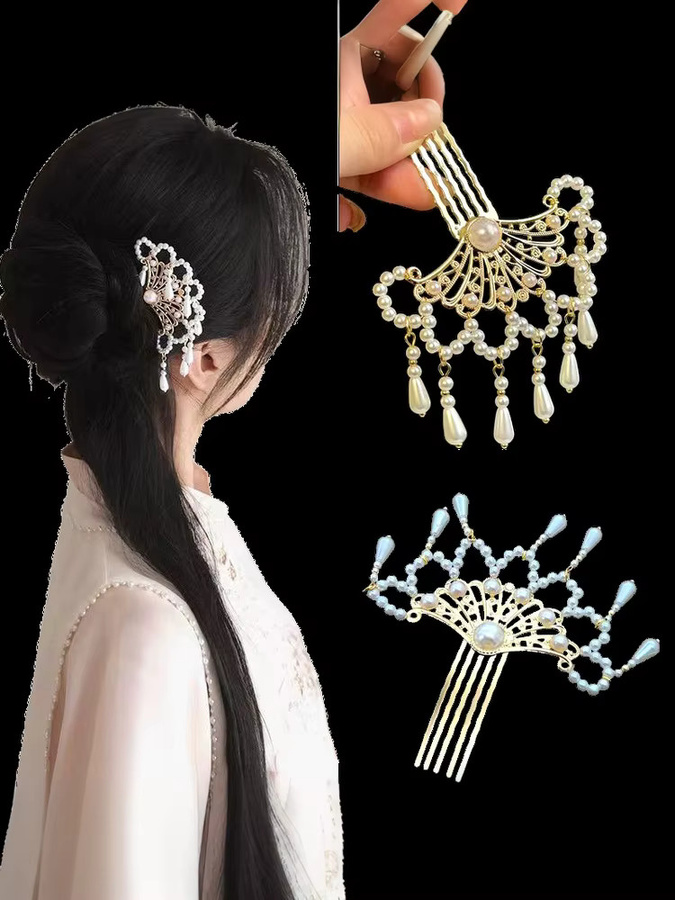 Perlen-Haarkamm mit Quasten, antiker Haarschmuck für Damen - Bild 3