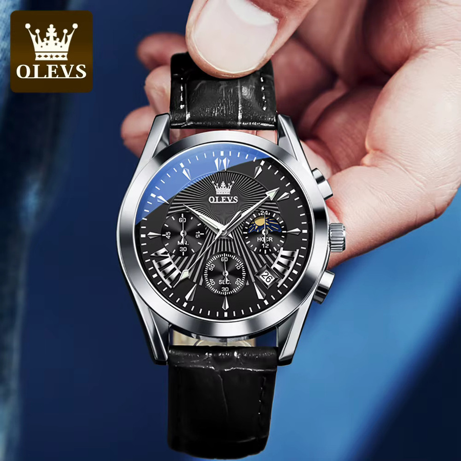 OLEVS Armbanduhr, Quarz, Chronograph, Leder, Silber, Herren - Bild 4