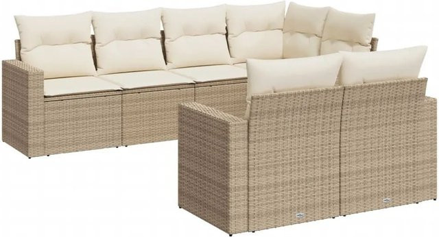 vidaXL 7-teilige Garten-Sofagarnitur in L-Form aus PE-Rattan und pulverbeschichtetem Stahl, Beige/Cremeweiß mit Sitzkissen und Rückenkissen inklusive Stauraum - Bild 1