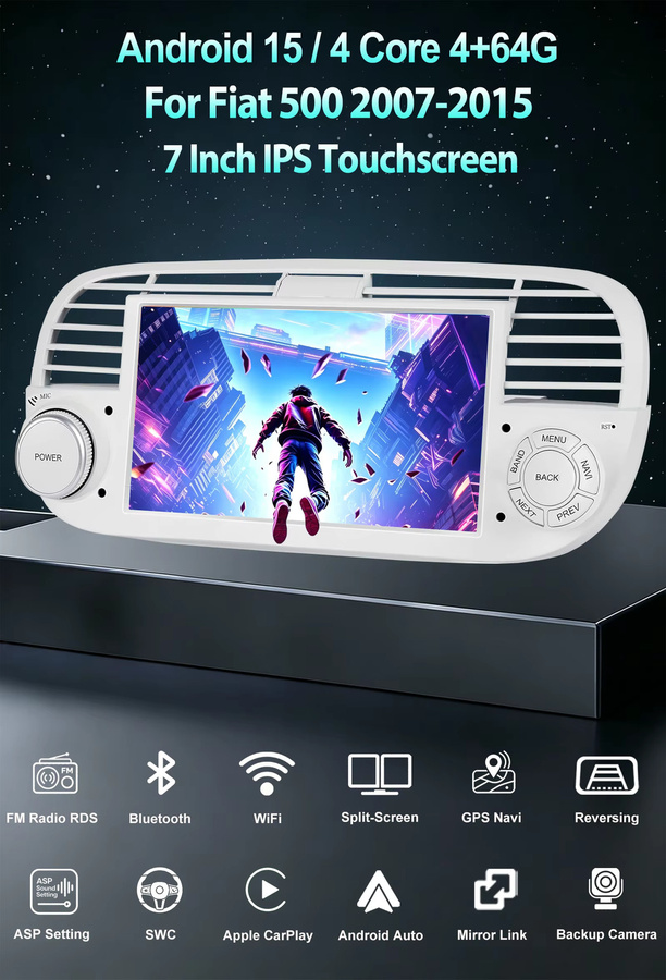 ESSGOO Android 15 Autoradio für Fiat 500 (2007-2015) mit 7 Zoll IPS Touchscreen, 4+64GB, kabellosem Carplay, Android Auto, GPS, Bluetooth und Wifi - Bild 3