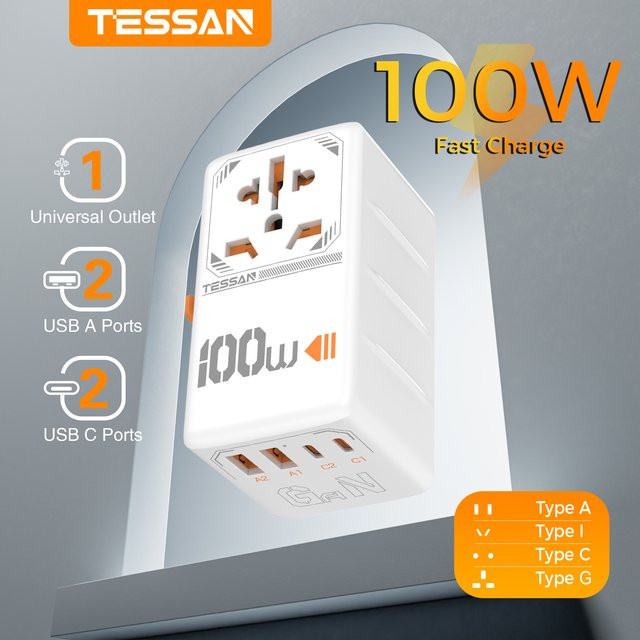 TESSAN GaN Universal-Reiseadapter mit 100 W Schnellladung, 2 USB-C Anschlüssen, All-in-One International für EU, UK, USA und AUS - Bild 1