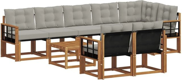 vidaXL Outdoor-Sofagarnitur 9-teilig aus Akazienholz und Textilene in Natur und Grau mit Kissen und Armlehnen - Bild 1