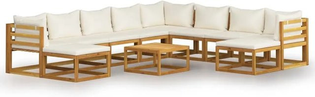 vidaXL 11-tlg. Garten-Lounge-Set aus massivem Akazienholz mit cremefarbenen Auflagen - Bild 1