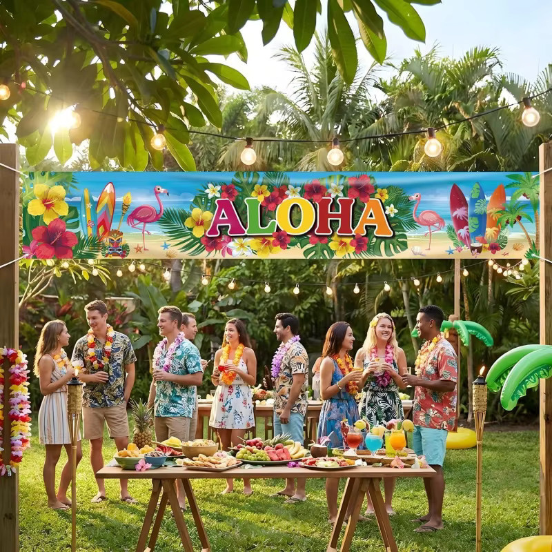 VIKAMA ALOHA Hawaiianisches Zaunbanner mit Flamingo und Hibiskus als tropische Luau-Party-Kulisse für Sommer- und Strandpartys, Mehrfarbig, B: 180 cm, H: 35 cm - Bild 2
