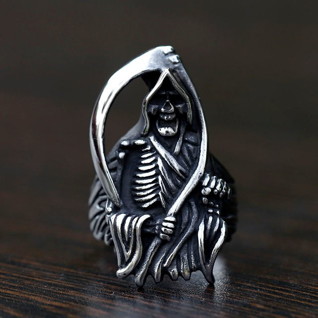 Ring Herren, Edelstahl, Silber, Vintage, Tod Sichel Skelett - Bild 1