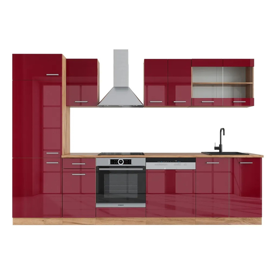 Vicco R-Line Küchenzeile Bordeaux Hochglanz in Goldkraft Eiche, Breite: 300 cm, Höhe: 207 cm, Tiefe: 60 cm - Bild 2