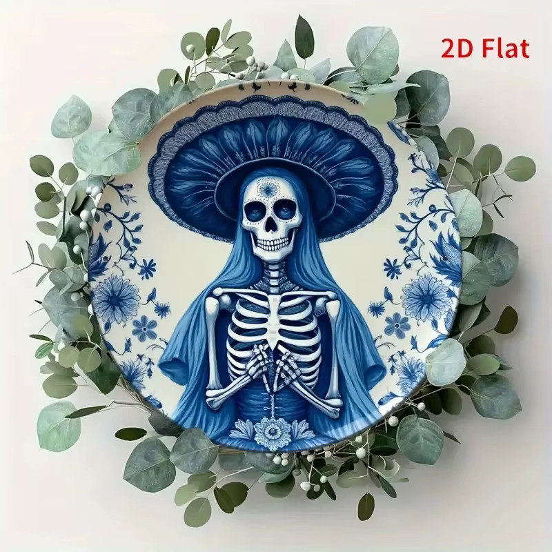 HELLOYOUNG Metall-Wandkunst Blumenschild Mexikanischer Tag der Toten in Blau und Weiß, rundes Gothic-Design mit floralem Motiv, B/H: 20 x 20 cm - Bild 1