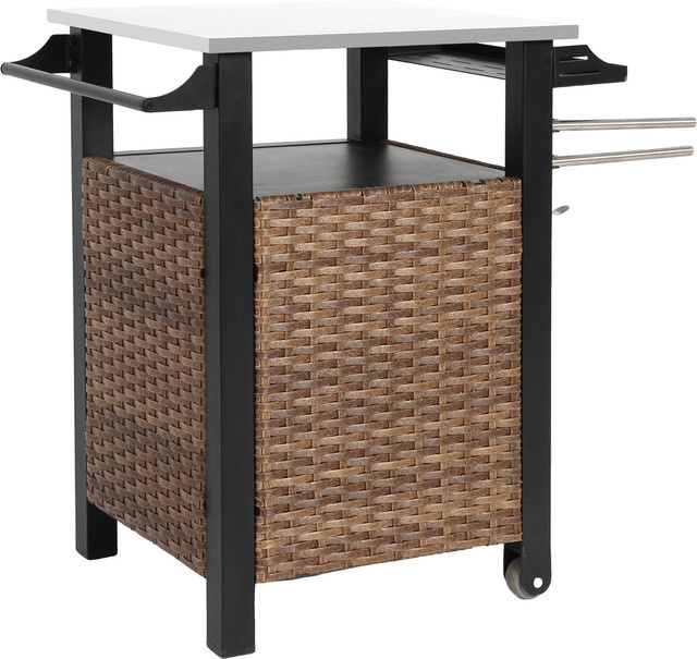 Moderner Outdoor-Barwagen aus Metall und Rattan in Braun mit Rollen und Stauraumschrank, B/T/H: 76 x 57 x 85 cm - Bild 1