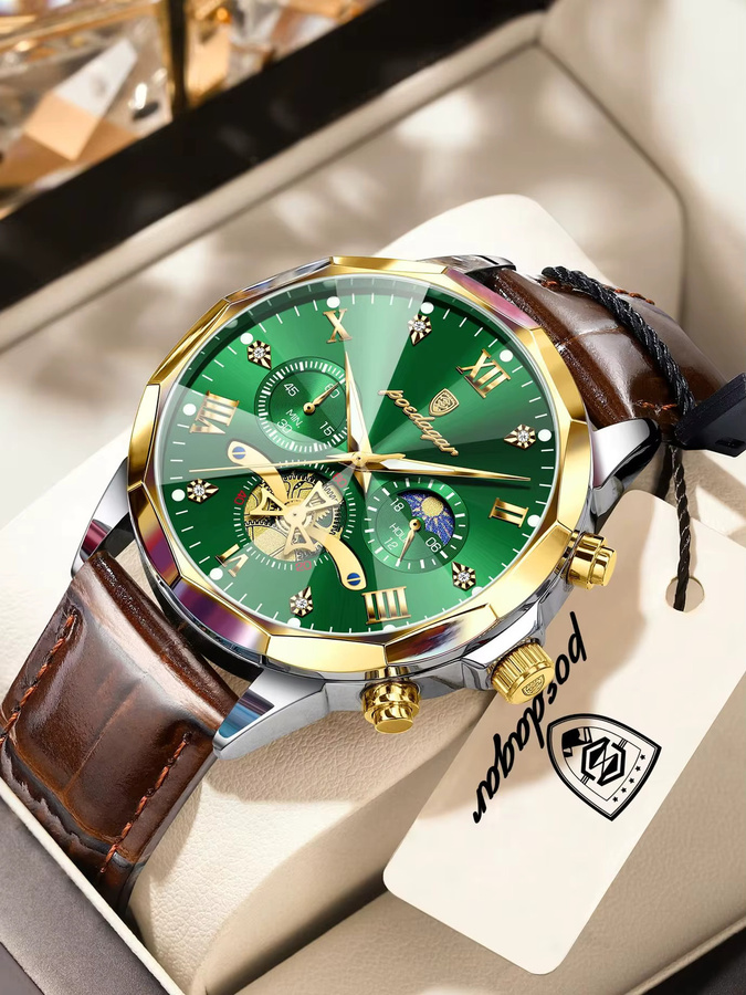 POEDAGAR Chronograph Armbanduhr, Quarz, Leder, Silber, Herren - Bild 7