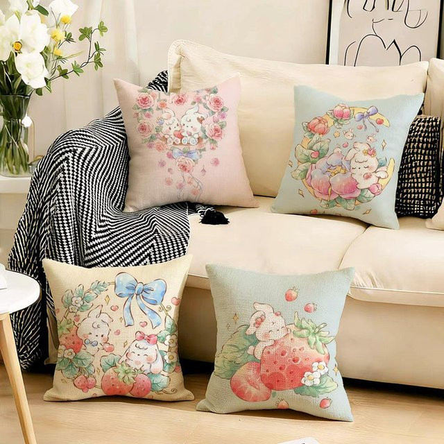4er-Set R-Rose AngeBunnyS Kissenbezüge aus Leinen in Weiß mit floralem Tier-Design für dein Sofa und deine Heimdekoration - Bild 1